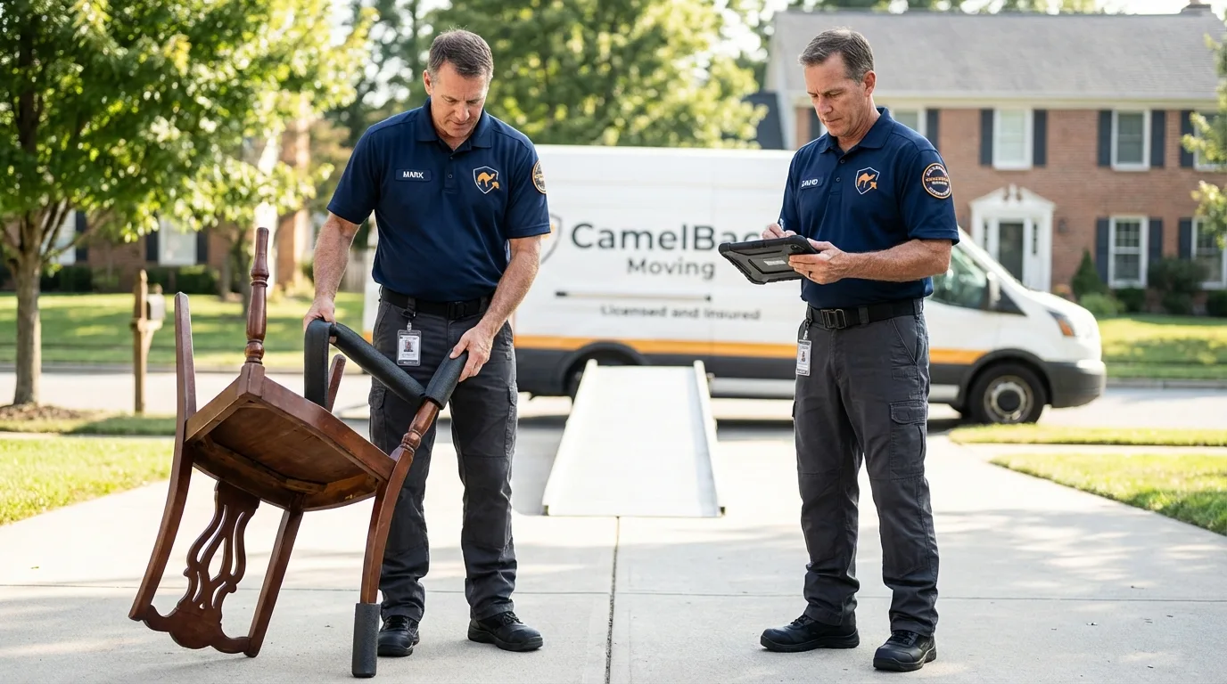 Movers inspecting furniture for damage prevention before loading in Joseph City, AZ