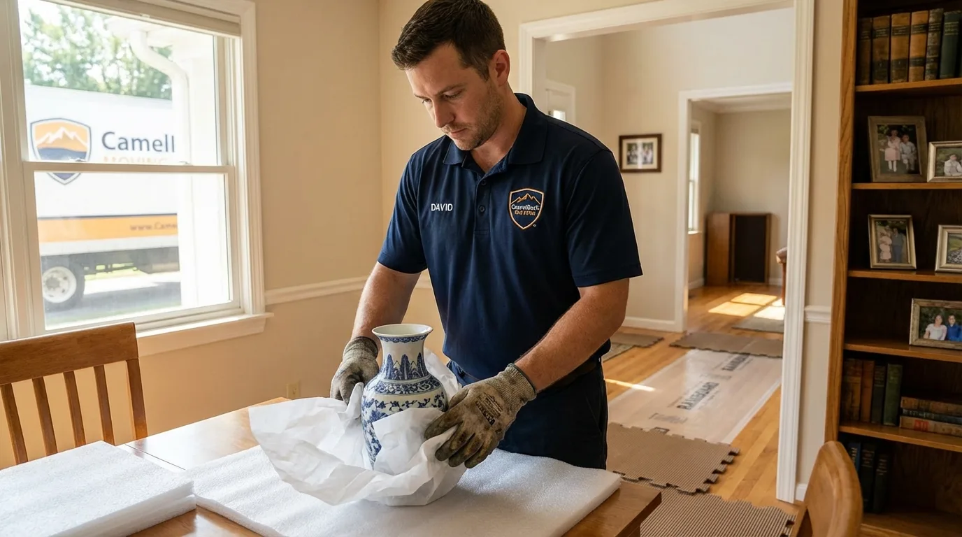 Professional crew carefully wrapping antique vase for senior downsizing move in Joseph City, AZ